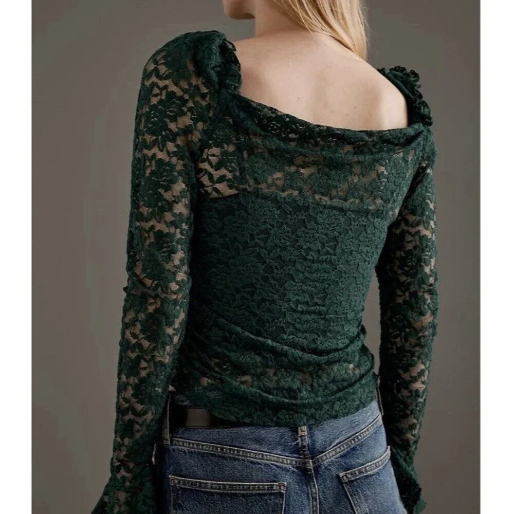 NWT Anthropologie Shirt Womes Sz XL Green Lace Long Sleeve Square Neck Top